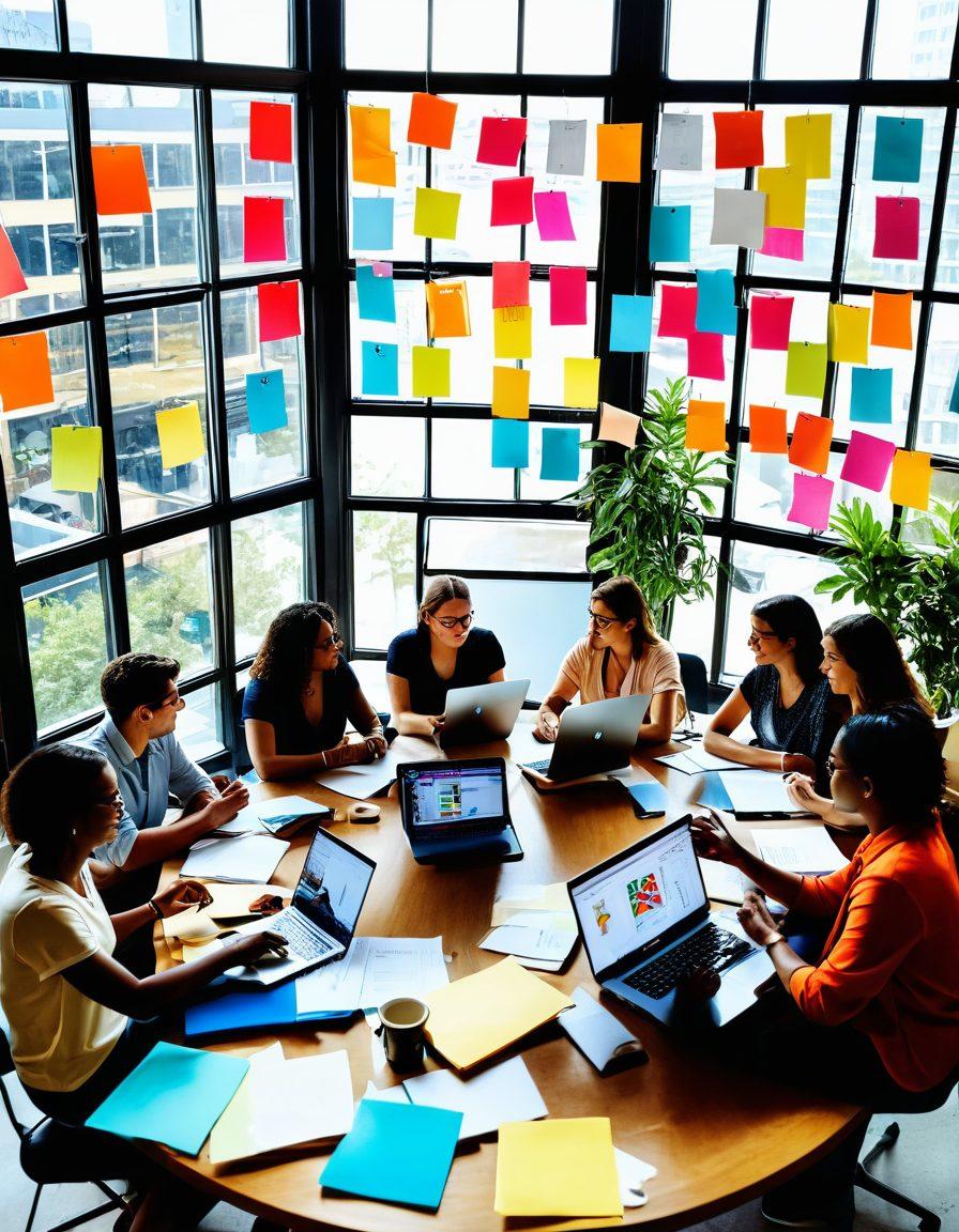 A diverse group of bloggers gathered around a vibrant round table, sharing ideas and collaborating with laptops open, coffee cups in hand. Behind them, a colorful wall filled with sticky notes and brainstorming charts showcases their strategies for engagement. Sunlight streams in through large windows, creating an inviting atmosphere. All around, symbols of growth like plants and upward arrows can be seen. digital illustration. vibrant colors. contemporary style.